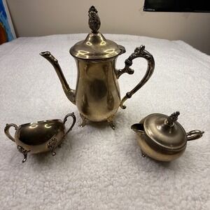 Vintage 3 Piece Silver Plated Coffee Tea Pot Creamer Sugar Set Ornate Feet